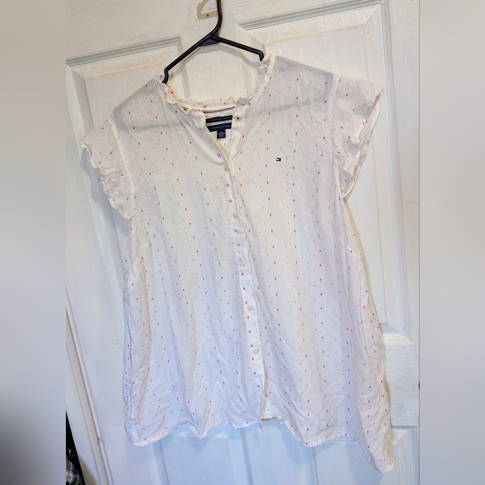 Tommy Hilfiger Women's White Button Down Shirt with Pink Dots